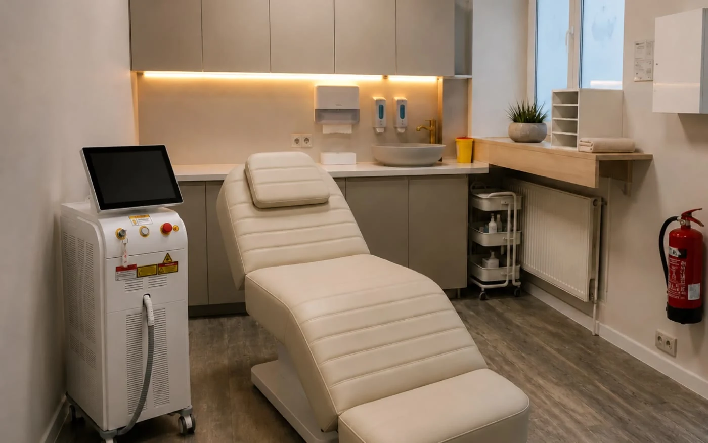 Behandlungsraum mit Liege und modernem Diodenlaser